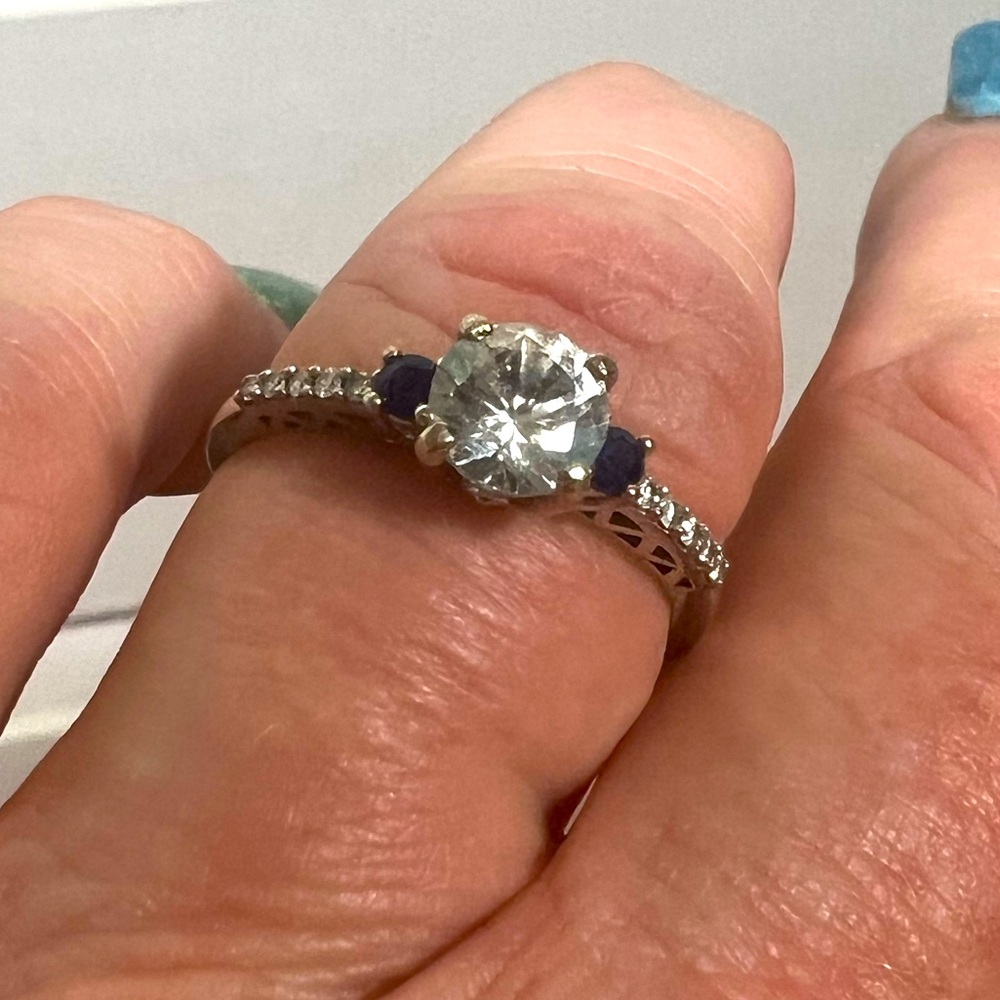 10k white gold ring with CZ and sapphires and diamonds